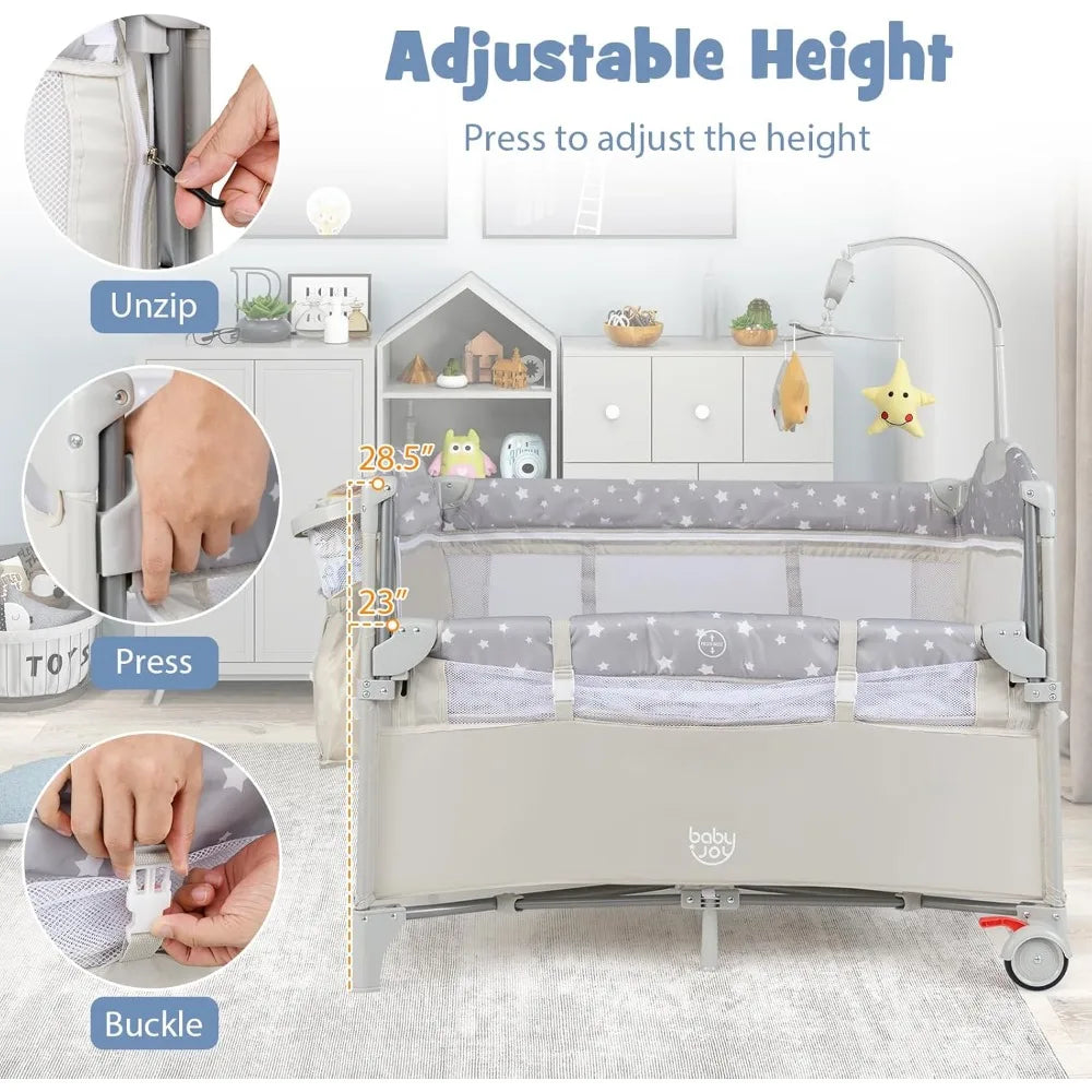 5-in-1 Pack and Play, Portable Baby Bedside Sleeper with Bassinet, U-Shaped Diaper Changer, Safety Strap, Side Zipper Entrance,