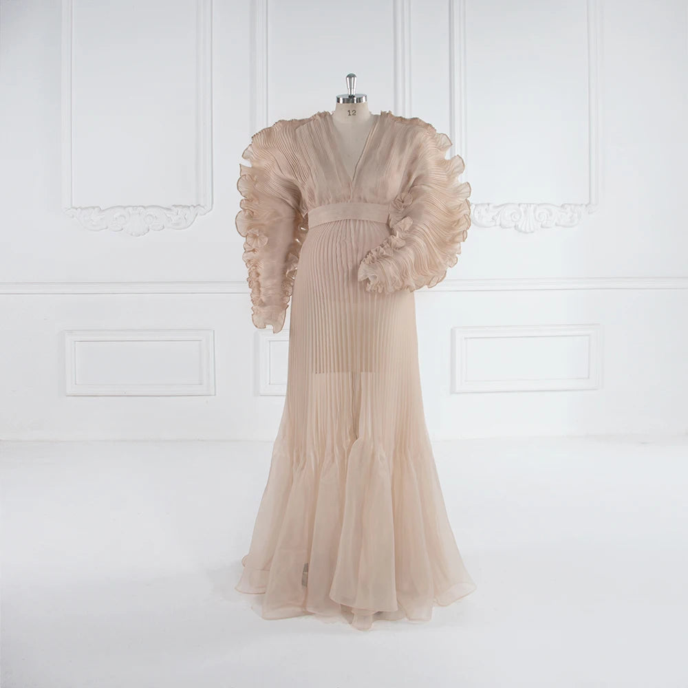V Neck Pleated Organza Maternity Dresses for Photoshoot Pregnancy Long Dress for Maternity Shoot Baby Shower Dresses YW243116