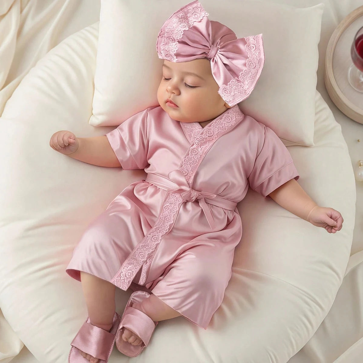 Ylsteed Newborn photography outfits set 1 month 100 days baby girl lace bathrobe with bow turban hat and slippers photo props