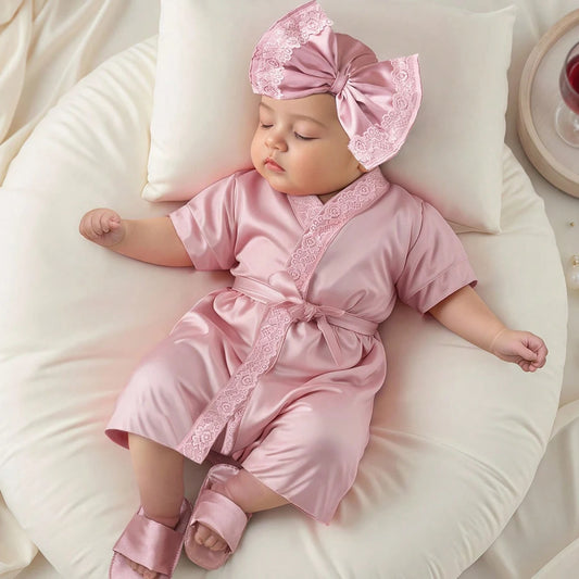 Ylsteed Newborn photography outfits set 1 month 100 days baby girl lace bathrobe with bow turban hat and slippers photo props