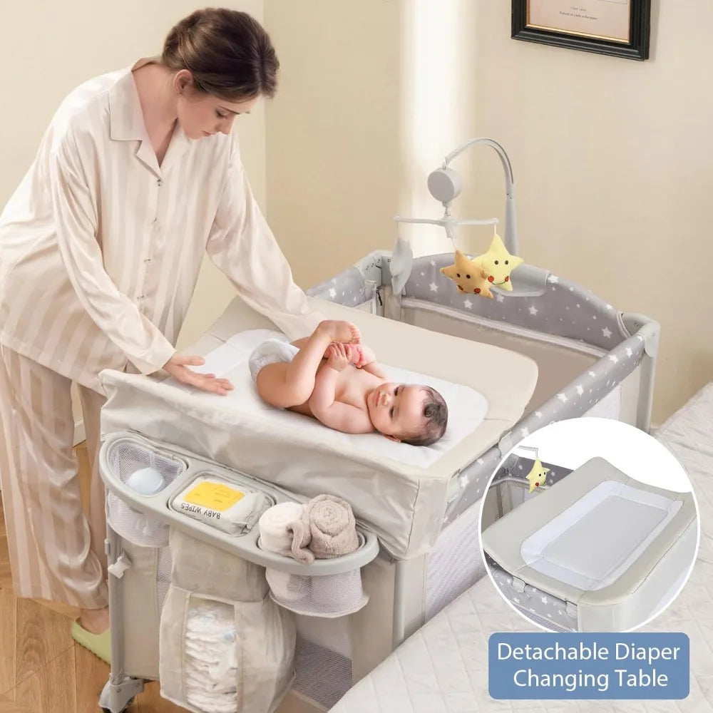 5-in-1 Pack and Play, Portable Baby Bedside Sleeper with Bassinet, U-Shaped Diaper Changer, Safety Strap, Side Zipper Entrance,