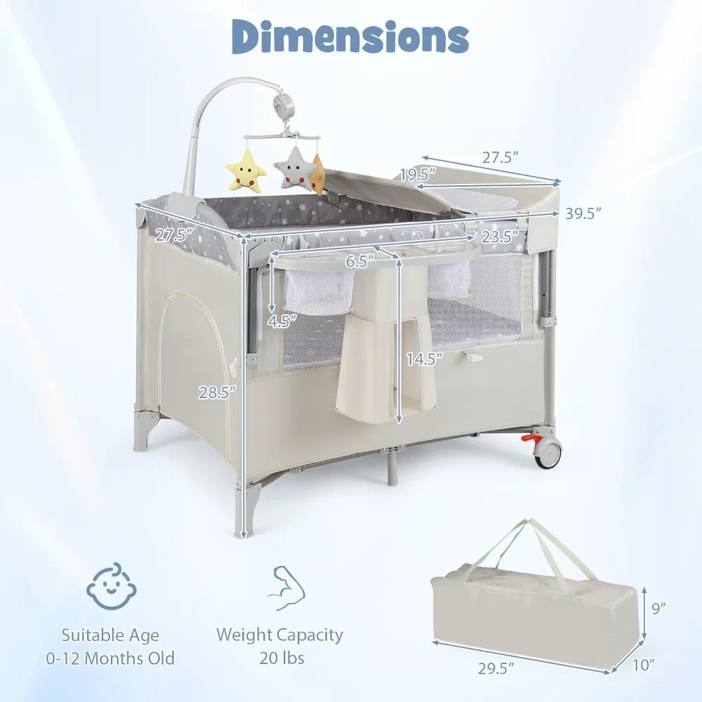 5-in-1 Pack and Play, Portable Baby Bedside Sleeper with Bassinet, U-Shaped Diaper Changer, Safety Strap, Side Zipper Entrance,