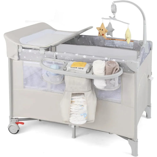 5-in-1 Pack and Play, Portable Baby Bedside Sleeper with Bassinet, U-Shaped Diaper Changer, Safety Strap, Side Zipper Entrance,