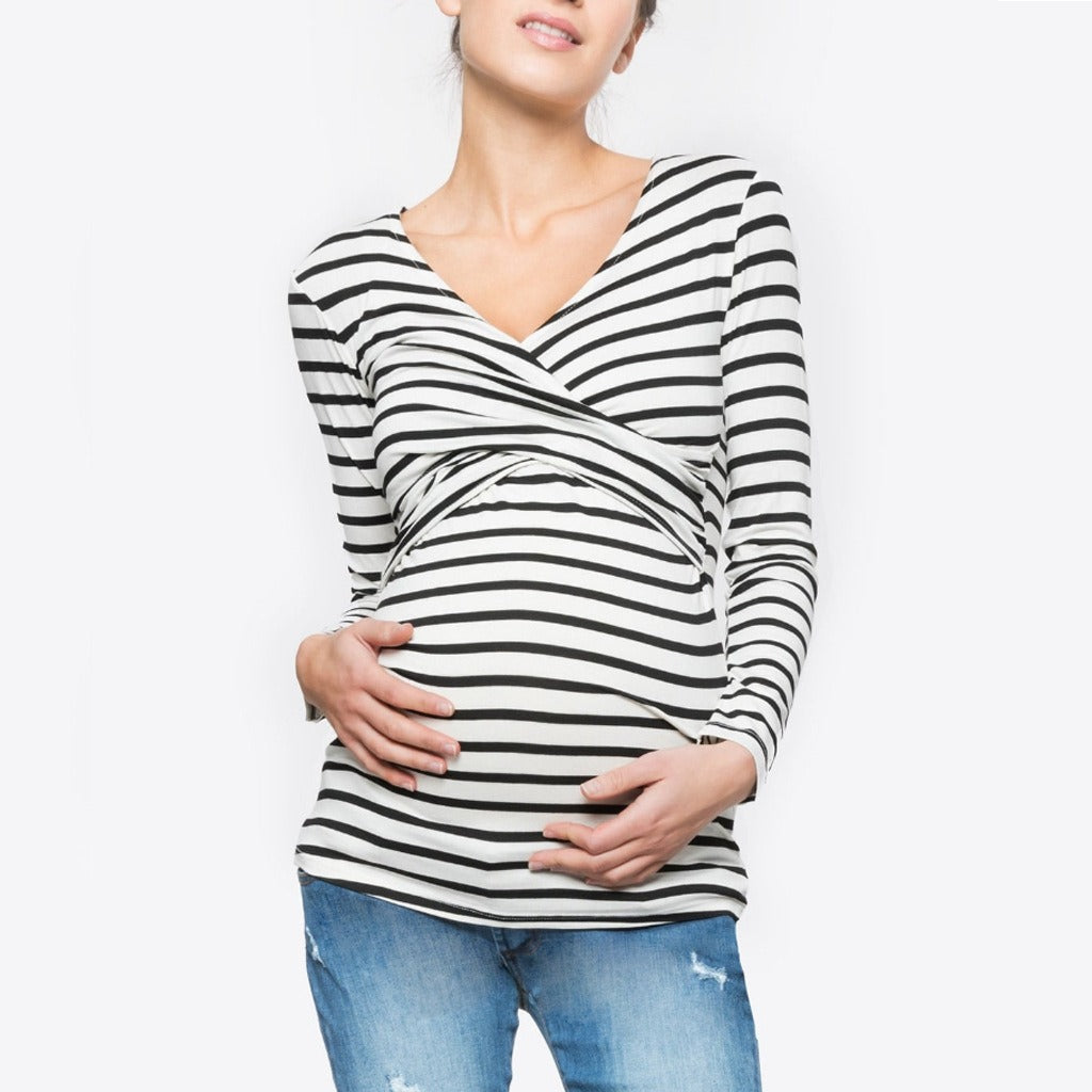 Autumn new V-neck long sleeved striped maternity postpartum clothing breastfeeding T-shirt