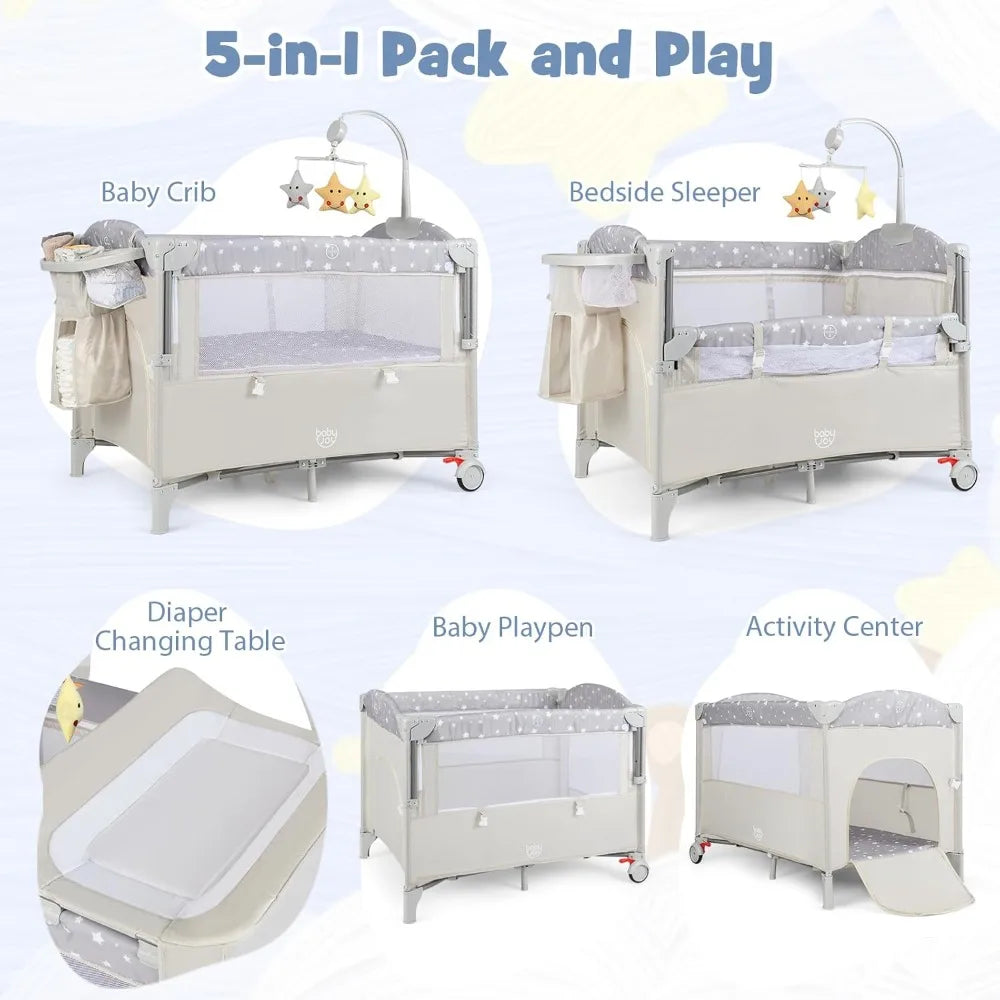 5-in-1 Pack and Play, Portable Baby Bedside Sleeper with Bassinet, U-Shaped Diaper Changer, Safety Strap, Side Zipper Entrance,