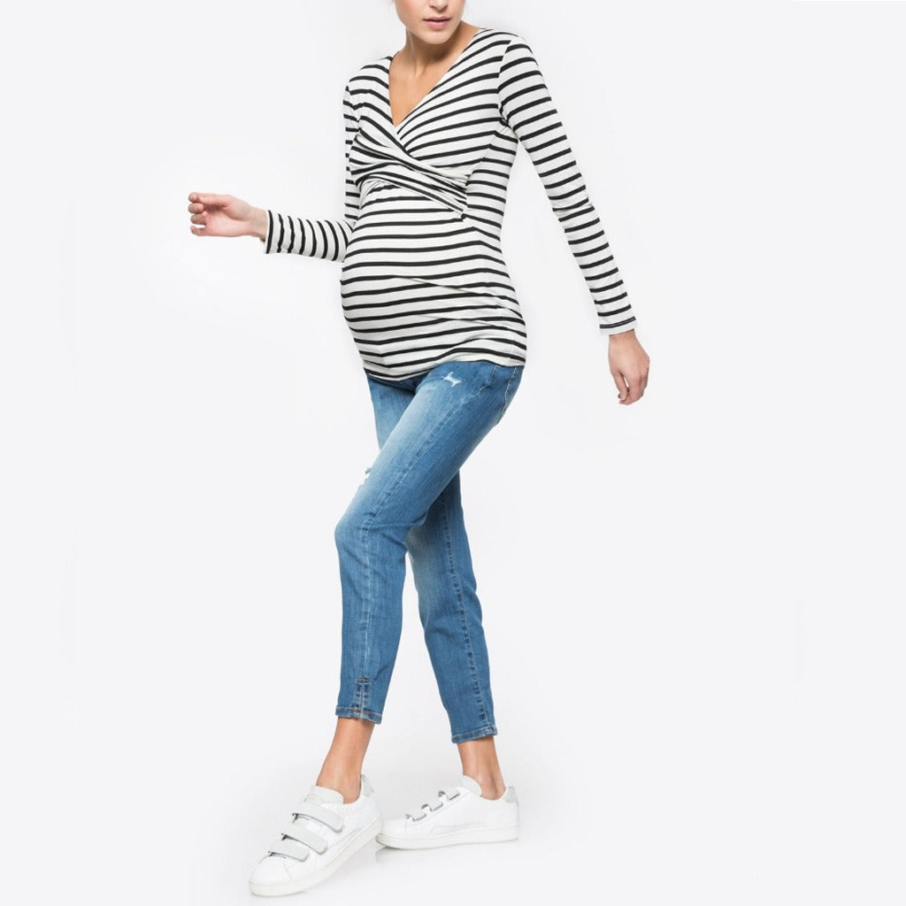Autumn new V-neck long sleeved striped maternity postpartum clothing breastfeeding T-shirt