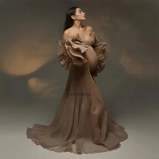 V Neck Pleated Organza Maternity Dresses for Photoshoot Pregnancy Long Dress for Maternity Shoot Baby Shower Dresses YW243116
