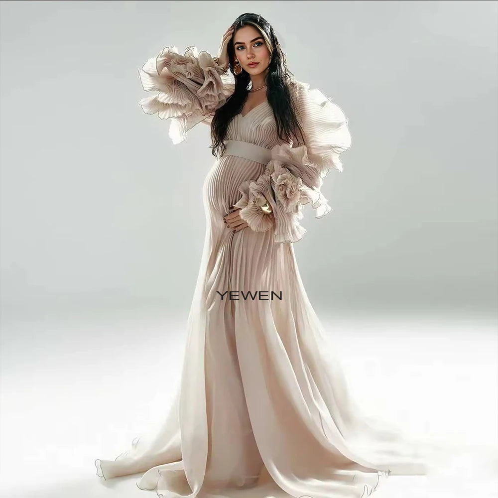 V Neck Pleated Organza Maternity Dresses for Photoshoot Pregnancy Long Dress for Maternity Shoot Baby Shower Dresses YW243116
