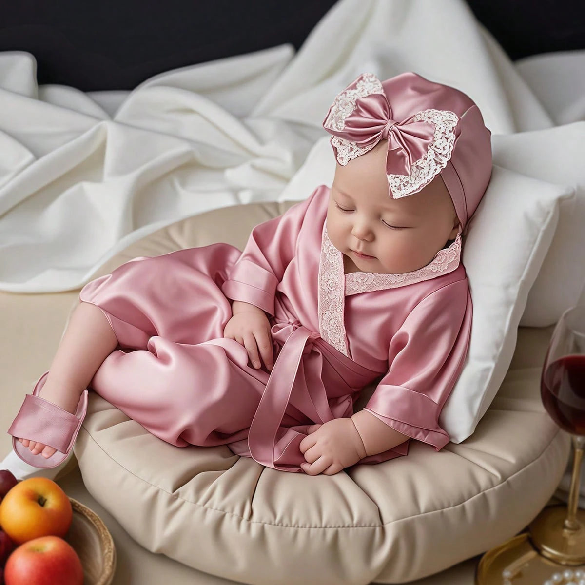Ylsteed Newborn photography outfits set 1 month 100 days baby girl lace bathrobe with bow turban hat and slippers photo props