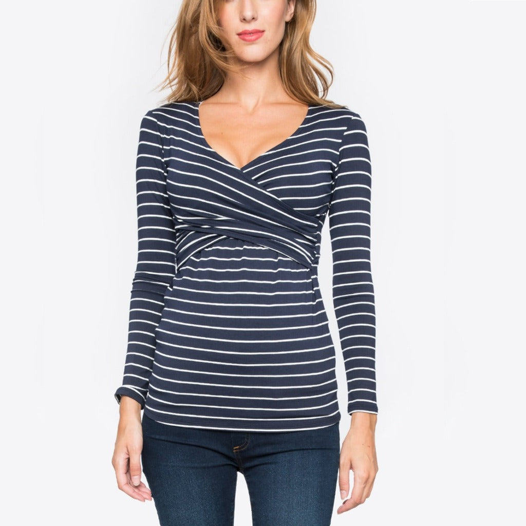 Autumn new V-neck long sleeved striped maternity postpartum clothing breastfeeding T-shirt