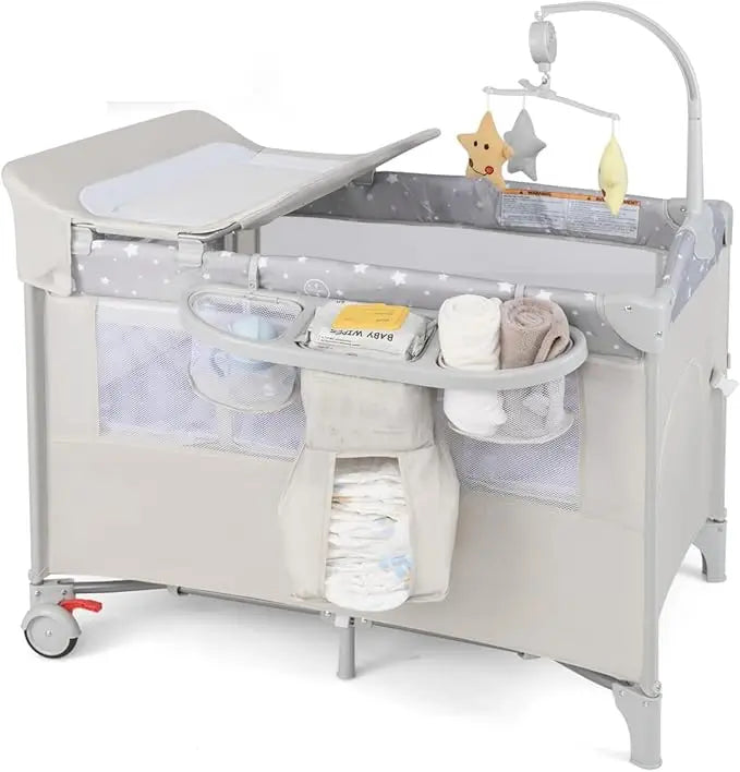 5-in-1 Pack and Play, Portable Baby Bedside Sleeper with Bassinet, U-Shaped Diaper Changer, Safety Strap, Side Zipper Entrance,