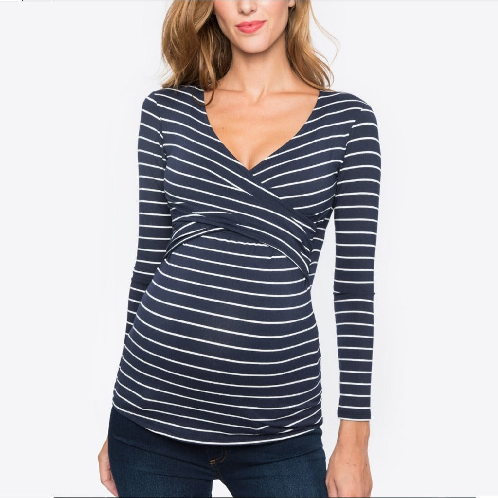 Autumn new V-neck long sleeved striped maternity postpartum clothing breastfeeding T-shirt