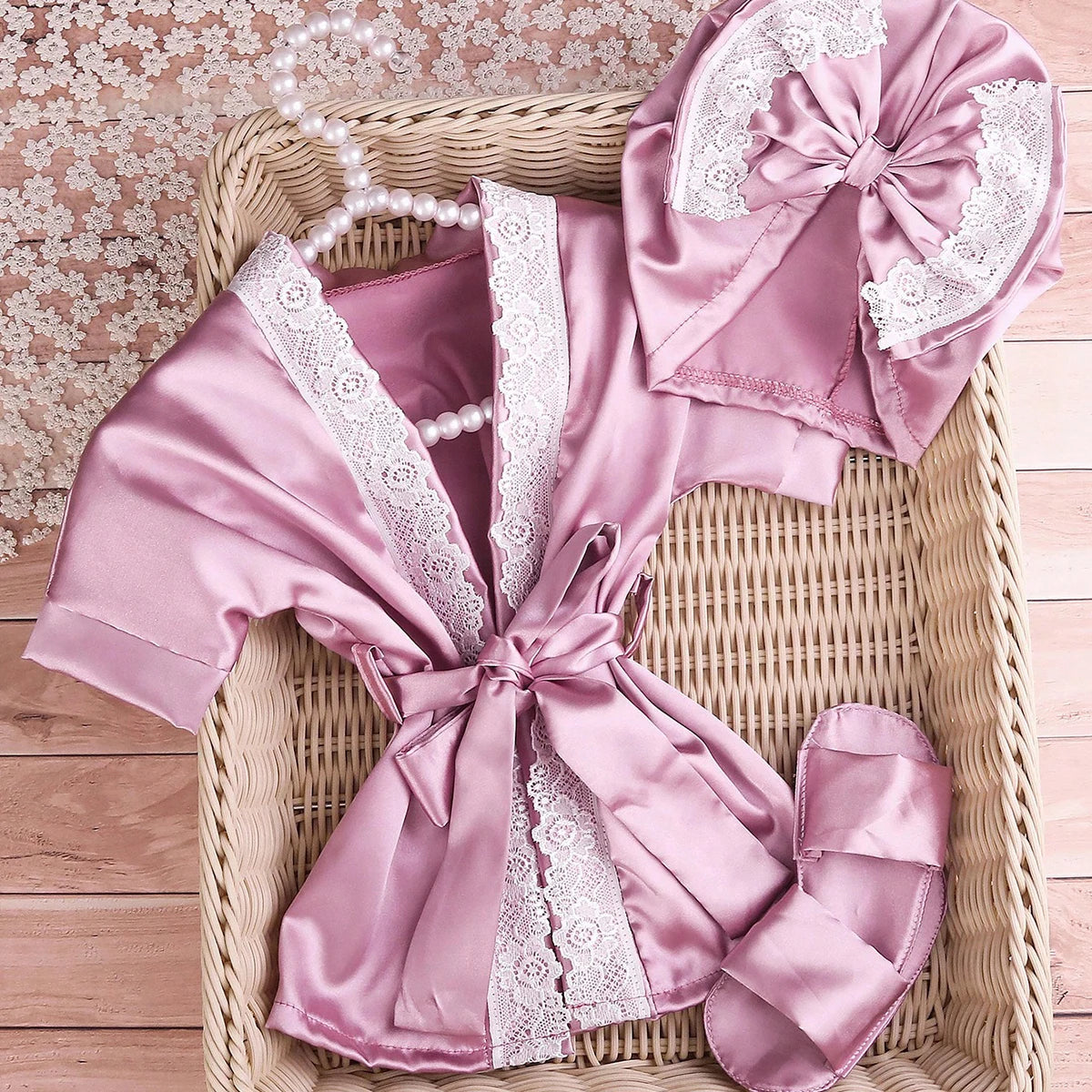 Ylsteed Newborn photography outfits set 1 month 100 days baby girl lace bathrobe with bow turban hat and slippers photo props