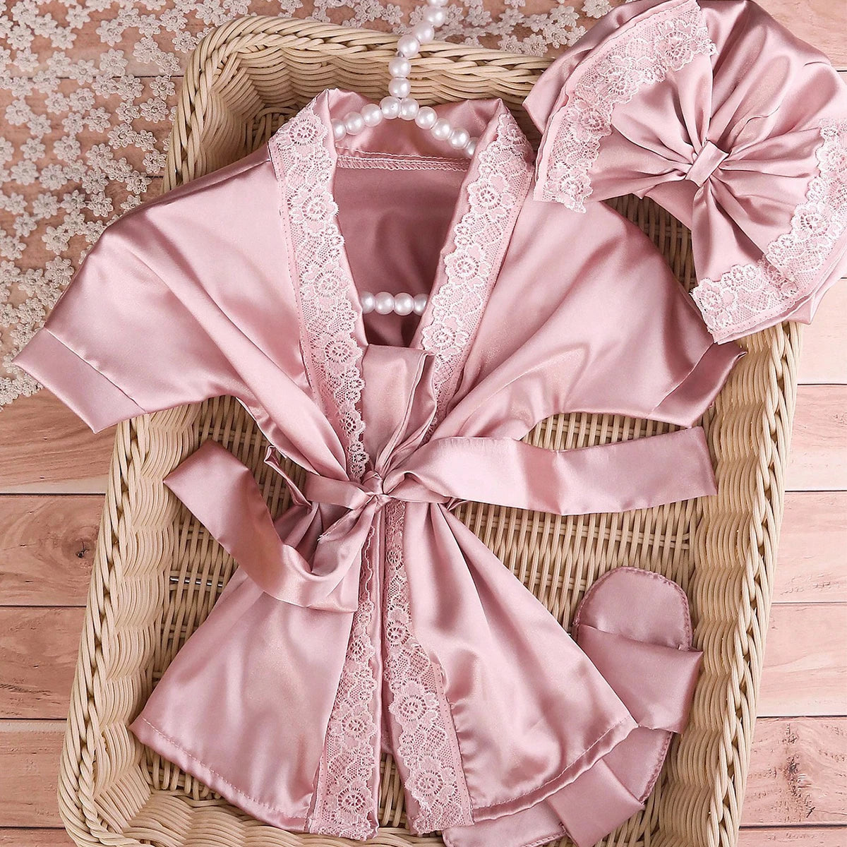 Ylsteed Newborn photography outfits set 1 month 100 days baby girl lace bathrobe with bow turban hat and slippers photo props