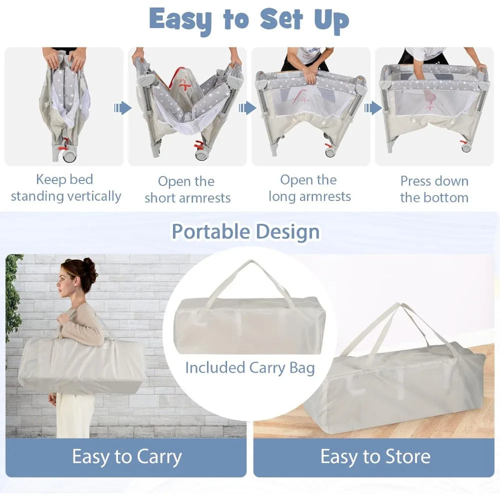 5-in-1 Pack and Play, Portable Baby Bedside Sleeper with Bassinet, U-Shaped Diaper Changer, Safety Strap, Side Zipper Entrance,