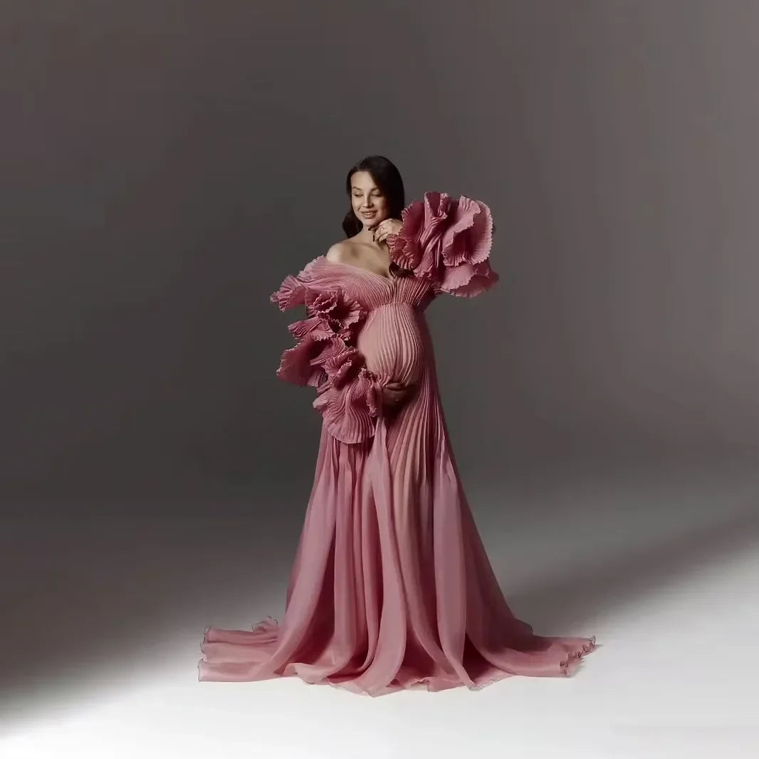 V Neck Pleated Organza Maternity Dresses for Photoshoot Pregnancy Long Dress for Maternity Shoot Baby Shower Dresses YW243116