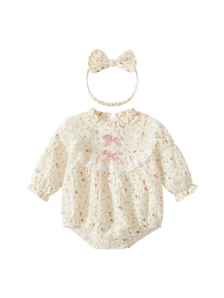 Autumn Hot Selling Baby Girls Floral Pattern Ruffle Neck Onesies