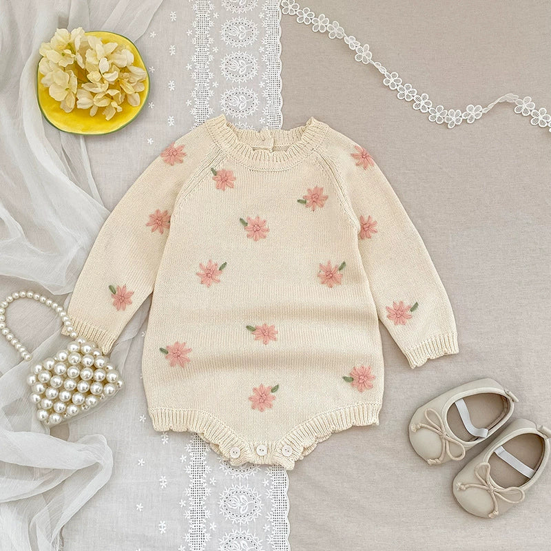 Autumn Arrival Baby Girls Knitted Long Sleeves Flowers Embroidered