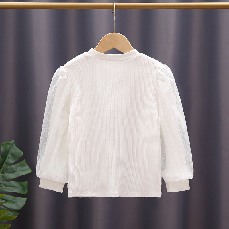 Baby Girl Solid Color Mesh Hollow Carved Design Princess Shirt