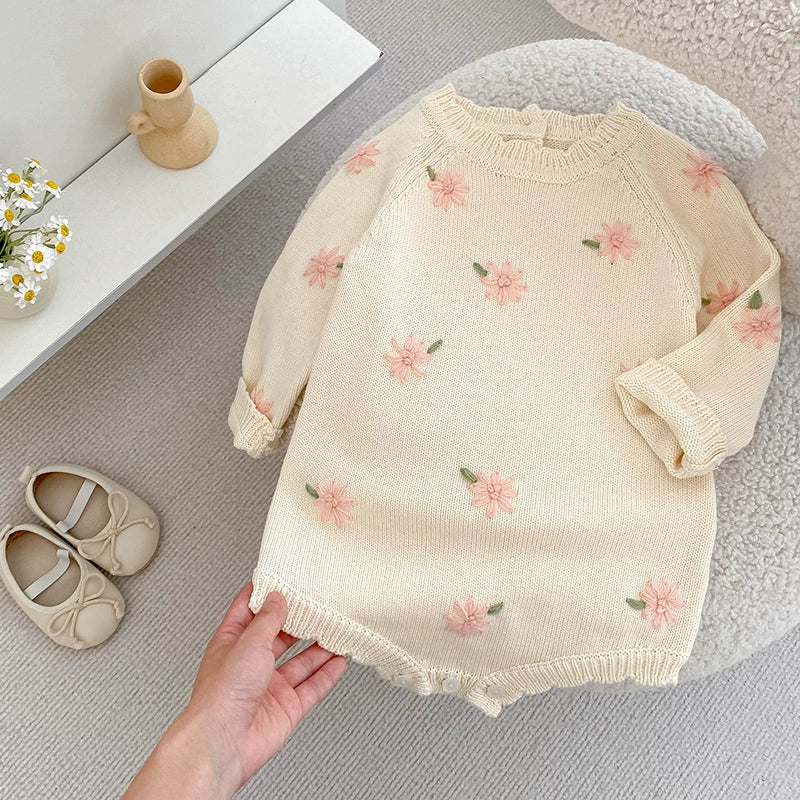 Autumn Arrival Baby Girls Knitted Long Sleeves Flowers Embroidered