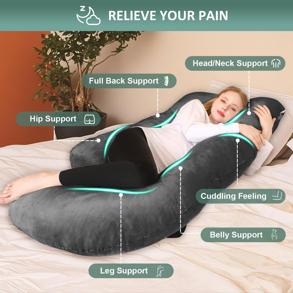 Pregnancy Pillow, U Shaped Pregnancy Pillows for Sleeping Full Body Pillow Maternity Pillow for Pregnant Women 58 Inch, Pregnant Women Must Have with Removable Cover, Black