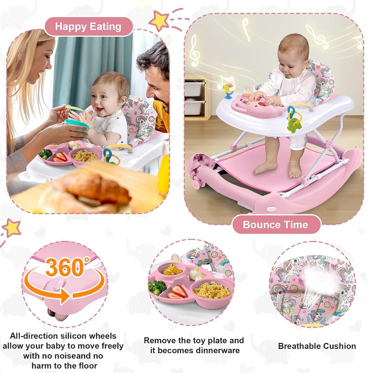 Foldable Baby 5-In-1 Activity Walker - Rocker, Activity Center, Bouncer, Seat Walker, Push Walker - Adjustable Speed Rear Wheels and Height Toys Ages 6-18 Months(Pink)