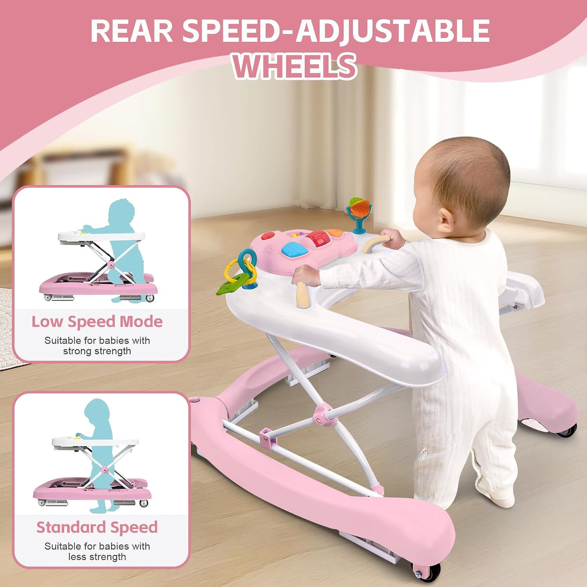 Foldable Baby 5-In-1 Activity Walker - Rocker, Activity Center, Bouncer, Seat Walker, Push Walker - Adjustable Speed Rear Wheels and Height Toys Ages 6-18 Months(Pink)