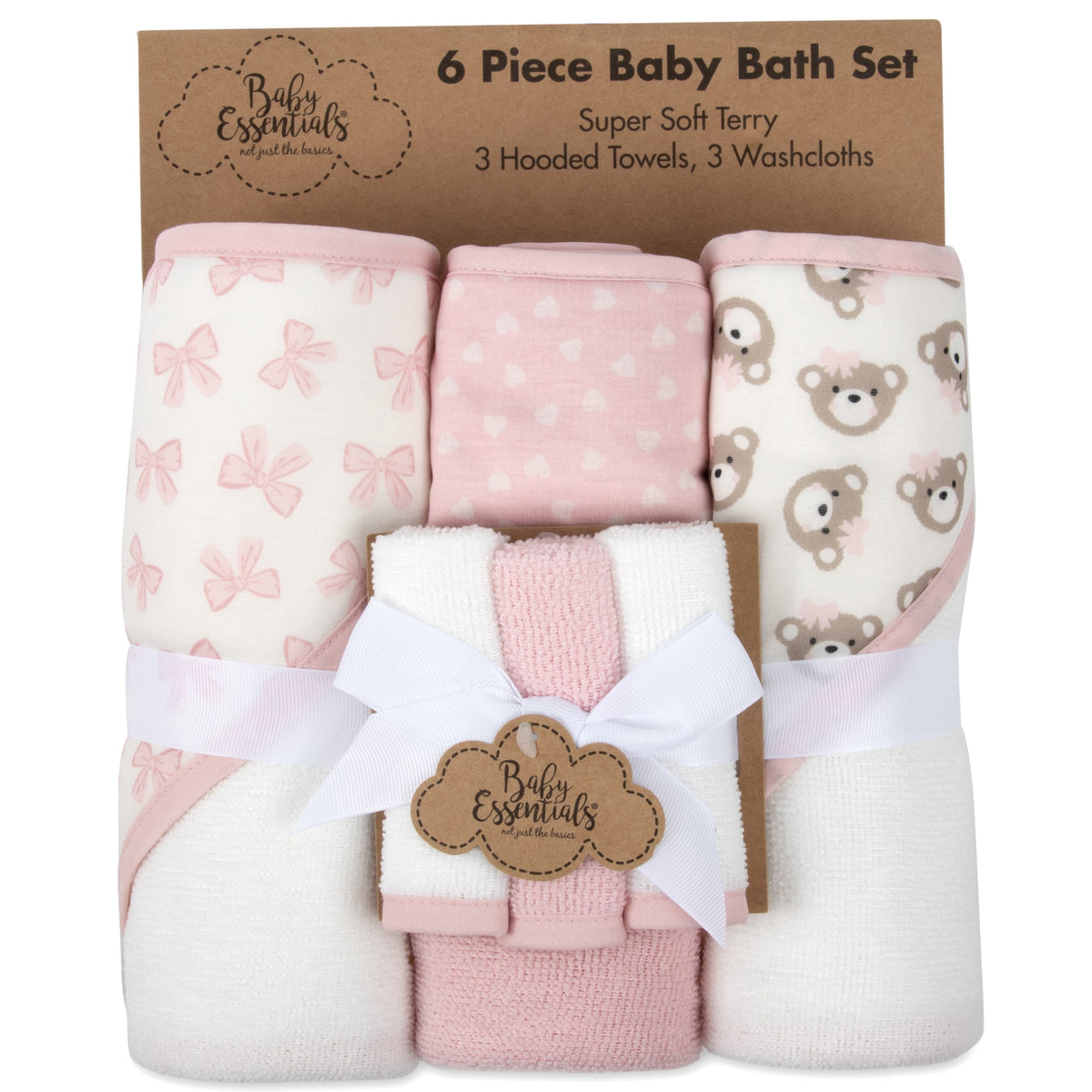 6 Piece Hooded Bath Towel Washcloth Set for Infant, Newborns, Toddlers 3 – 24 Months for Bath Time, Showers, Lounge, Beach, Pool in Pink Bows & Teddy Bears