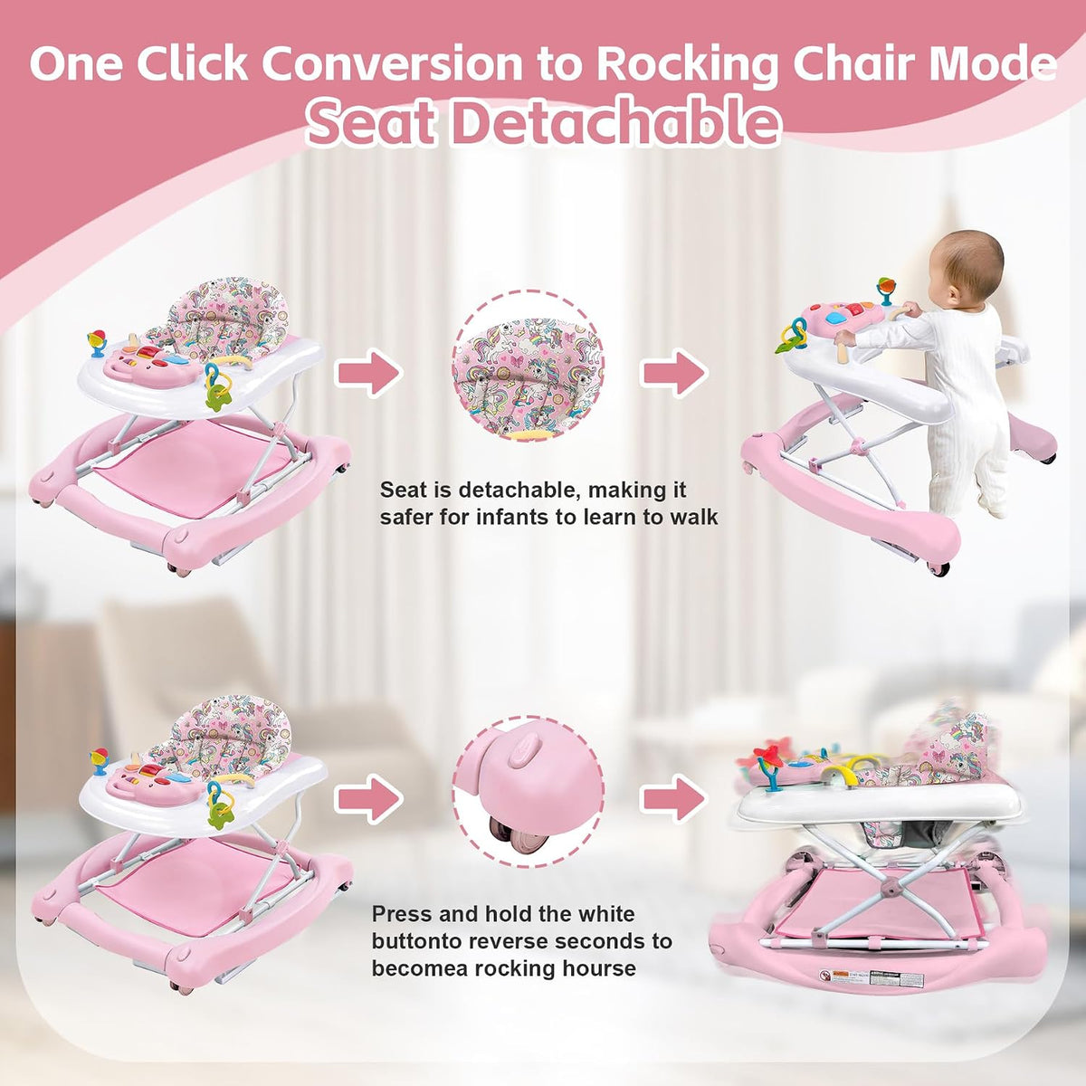 Foldable Baby 5-In-1 Activity Walker - Rocker, Activity Center, Bouncer, Seat Walker, Push Walker - Adjustable Speed Rear Wheels and Height Toys Ages 6-18 Months(Pink)