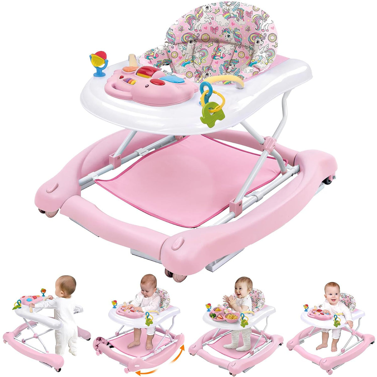 Foldable Baby 5-In-1 Activity Walker - Rocker, Activity Center, Bouncer, Seat Walker, Push Walker - Adjustable Speed Rear Wheels and Height Toys Ages 6-18 Months(Pink)