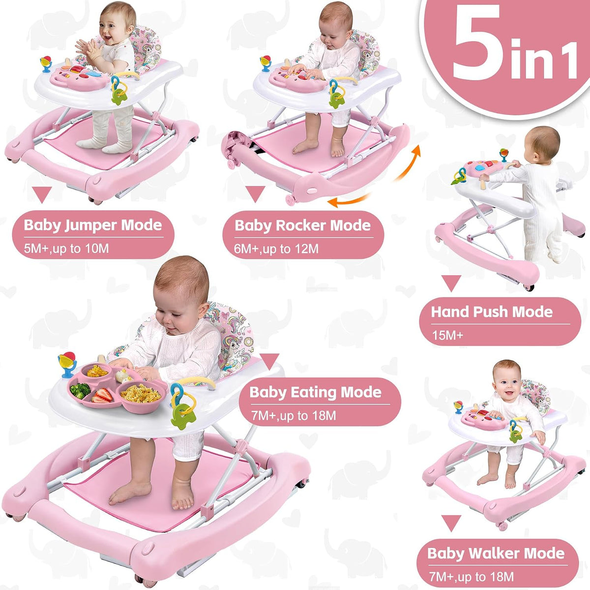 Foldable Baby 5-In-1 Activity Walker - Rocker, Activity Center, Bouncer, Seat Walker, Push Walker - Adjustable Speed Rear Wheels and Height Toys Ages 6-18 Months(Pink)