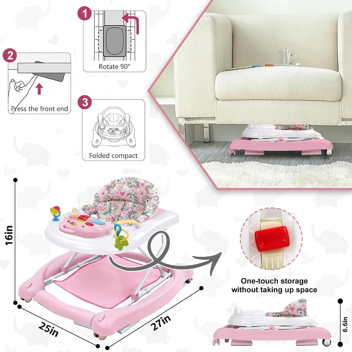 Foldable Baby 5-In-1 Activity Walker - Rocker, Activity Center, Bouncer, Seat Walker, Push Walker - Adjustable Speed Rear Wheels and Height Toys Ages 6-18 Months(Pink)